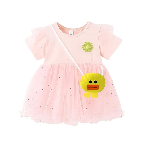 Girls Giltter Solid Tutu Frock Dress With Duck Theme Sling Bag