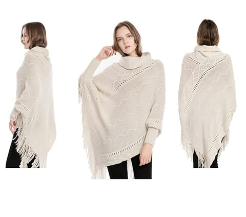 Knitted Turtle Neck Woolen Warm Winter Poncho Sweater Cape Wrap with Tassel Fringe Hem and Sleeves
