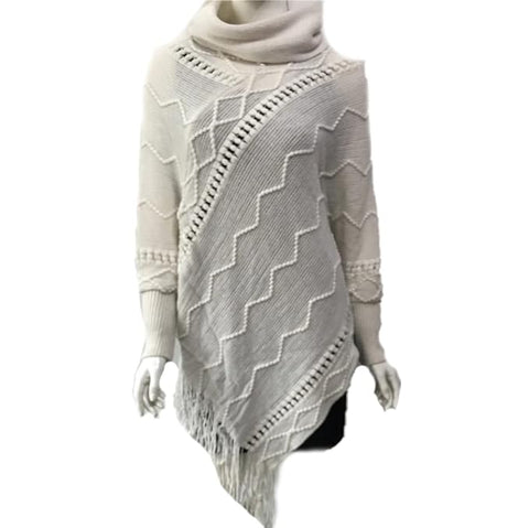 Knitted Turtle Neck Woolen Warm Winter Poncho Sweater Cape Wrap with Tassel Fringe Hem and Sleeves
