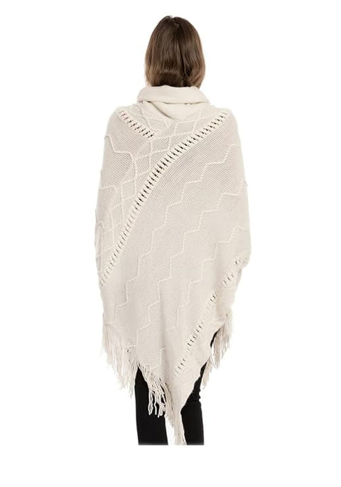 Knitted Turtle Neck Woolen Warm Winter Poncho Sweater Cape Wrap with Tassel Fringe Hem and Sleeves