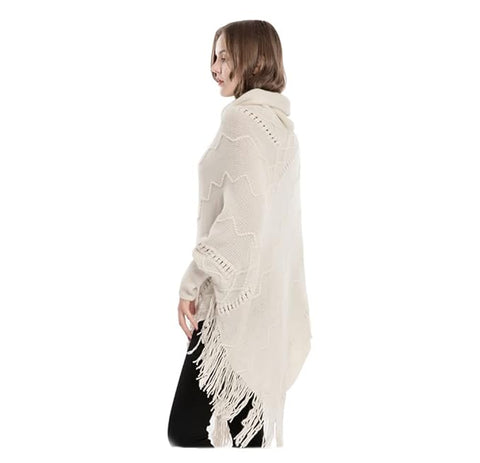 Knitted Turtle Neck Woolen Warm Winter Poncho Sweater Cape Wrap with Tassel Fringe Hem and Sleeves