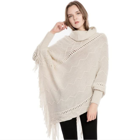 Knitted Turtle Neck Woolen Warm Winter Poncho Sweater Cape Wrap with Tassel Fringe Hem and Sleeves