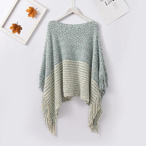 Women Wool Blend Round Neck Bicolor Stripe Fringe Cloaks Poncho