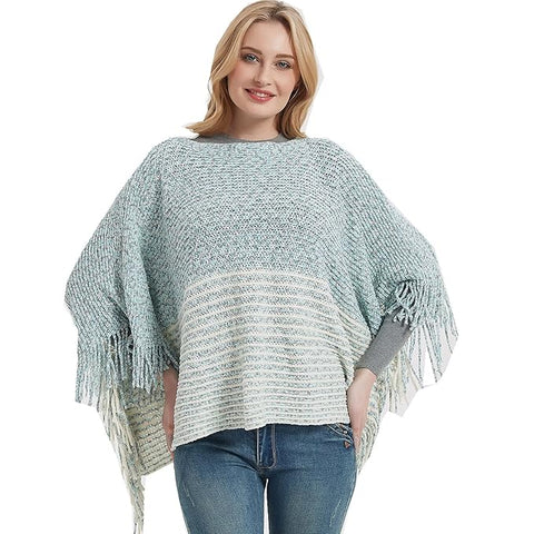 Women Wool Blend Round Neck Bicolor Stripe Fringe Cloaks Poncho