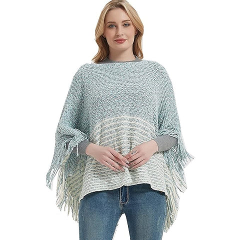 Women Wool Blend Round Neck Bicolor Stripe Fringe Cloaks Poncho