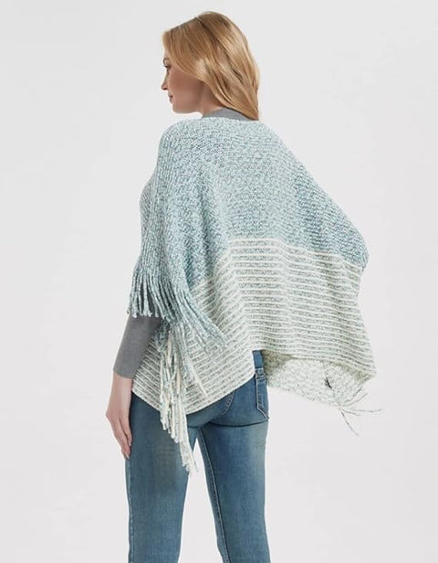 Women Wool Blend Round Neck Bicolor Stripe Fringe Cloaks Poncho