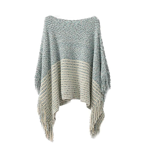 Women Wool Blend Round Neck Bicolor Stripe Fringe Cloaks Poncho