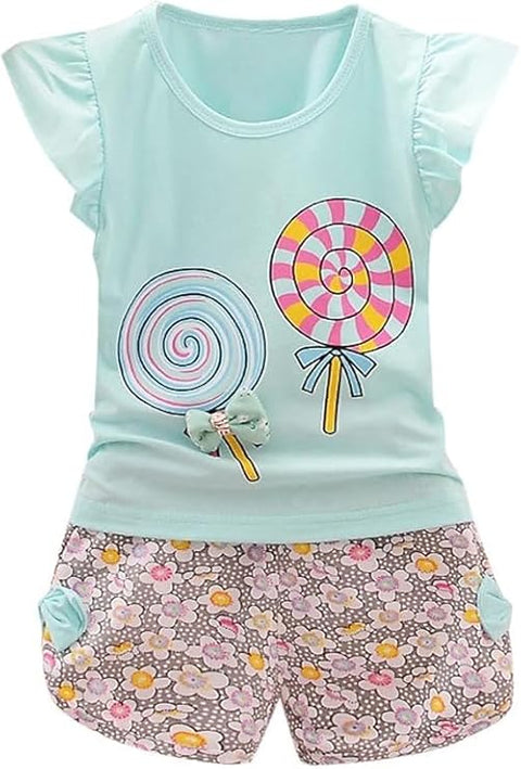 Girls Candy Printed Cotton T-shirt & Floral Short Set