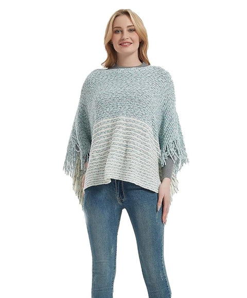 Women Wool Blend Round Neck Bicolor Stripe Fringe Cloaks Poncho