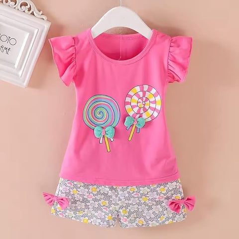 Girls Candy Printed Cotton T-shirt & Floral Short Set