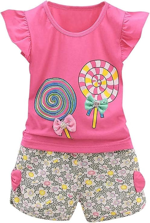 Girls Candy Printed Cotton T-shirt & Floral Short Set