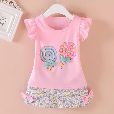 Girls Candy Printed Cotton T-shirt & Floral Short Set