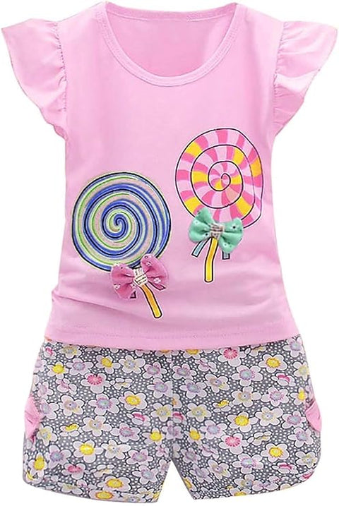Girls Candy Printed Cotton T-shirt & Floral Short Set