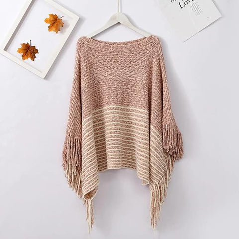 Women Wool Blend Round Neck Bicolor Stripe Fringe Cloaks Poncho