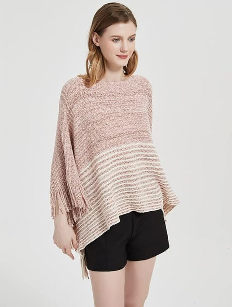 Women Wool Blend Round Neck Bicolor Stripe Fringe Cloaks Poncho