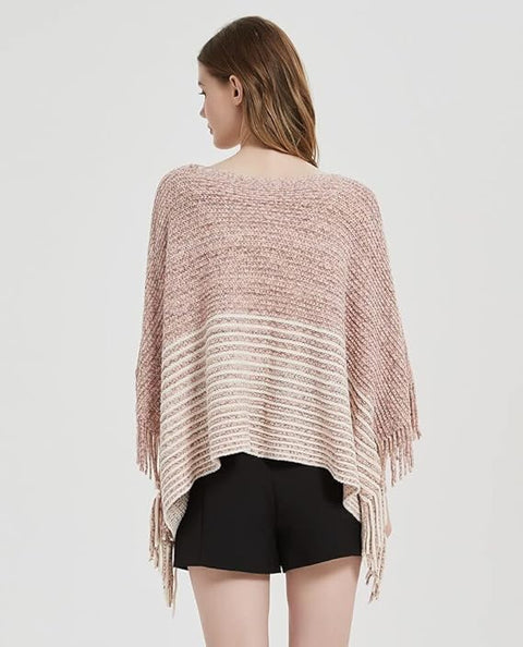 Women Wool Blend Round Neck Bicolor Stripe Fringe Cloaks Poncho