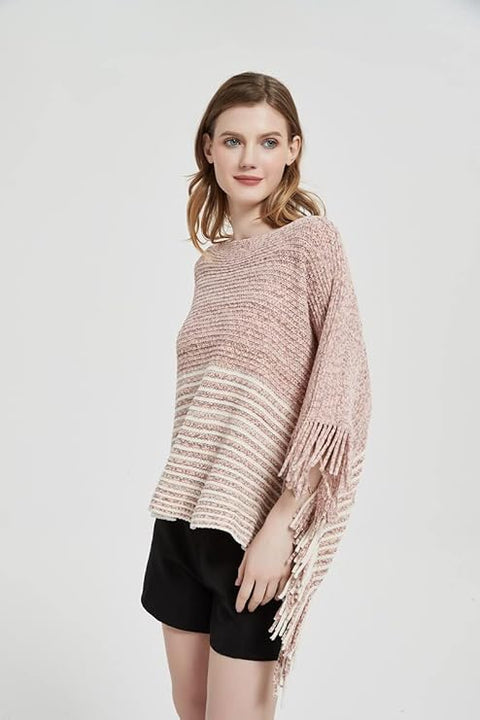 Women Wool Blend Round Neck Bicolor Stripe Fringe Cloaks Poncho