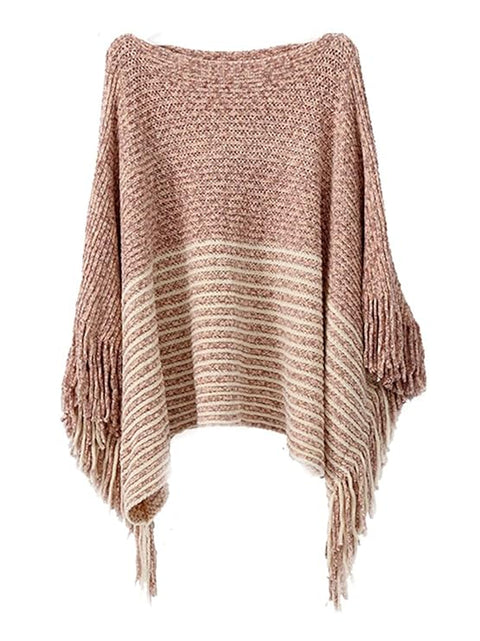 Women Wool Blend Round Neck Bicolor Stripe Fringe Cloaks Poncho