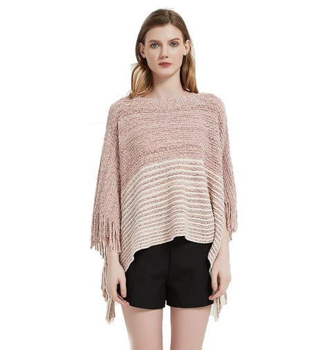Women Wool Blend Round Neck Bicolor Stripe Fringe Cloaks Poncho