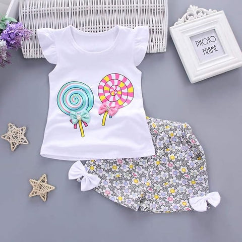 Girls Candy Printed Cotton T-shirt & Floral Short Set