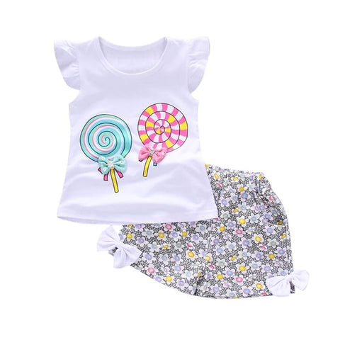 Girls Candy Printed Cotton T-shirt & Floral Short Set
