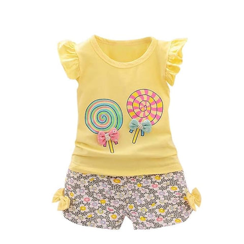 Girls Candy Printed Cotton T-shirt & Floral Short Set
