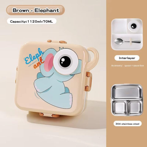 Kids Elephant Themed Beige Lunch Box With Stainless Steel Compartments, Spoon And Sauce Box-1190Ml