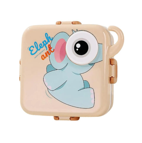 Kids Elephant Themed Beige Lunch Box With Stainless Steel Compartments, Spoon And Sauce Box-1190Ml