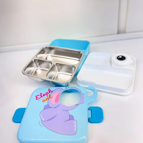 Kids Elephant Themed Blue Lunch Box With Stainless Steel Compartments, Spoon And Sauce Box-1190Ml