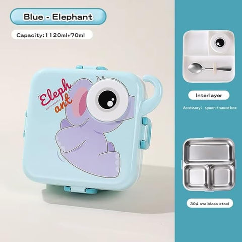 Kids Elephant Themed Blue Lunch Box With Stainless Steel Compartments, Spoon And Sauce Box-1190Ml