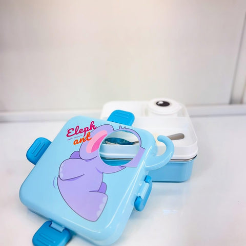Kids Elephant Themed Blue Lunch Box With Stainless Steel Compartments, Spoon And Sauce Box-1190Ml