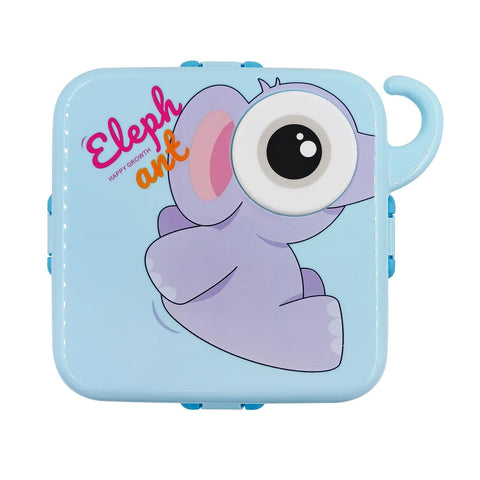 Kids Elephant Themed Blue Lunch Box With Stainless Steel Compartments, Spoon And Sauce Box-1190Ml