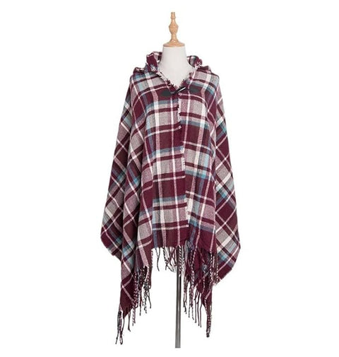 Women Check Print Warm Winter Poncho Cape Coat Hoodie Poncho