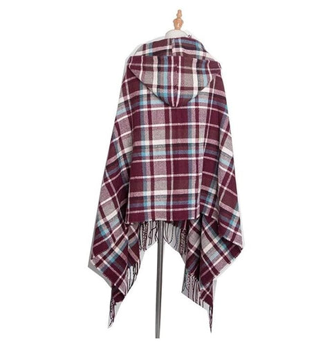 Women Check Print Warm Winter Poncho Cape Coat Hoodie Poncho