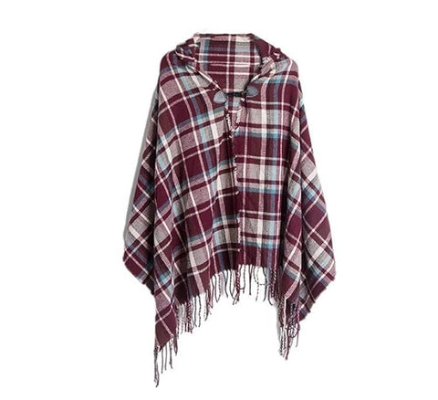 Women Check Print Warm Winter Poncho Cape Coat Hoodie Poncho