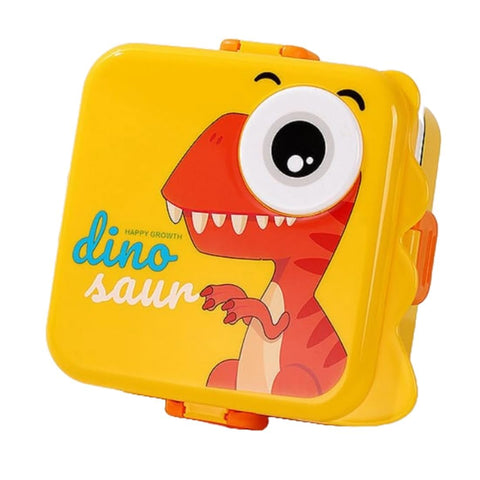 Kids Dino Themed Yellow Lunch Box With Stainless Steel Compartments, Spoon And Sauce Box-1120Ml