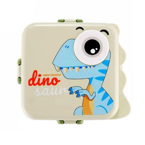 Kids Dino Themed Greyish-Green Lunch Box With Stainless Steel Compartments, Spoon And Sauce Box-1120Ml