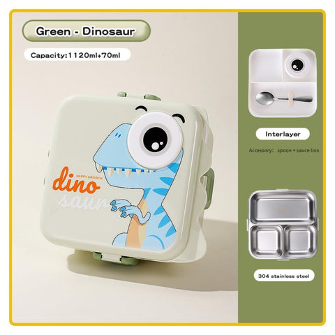 Kids Dino Themed Greyish-Green Lunch Box With Stainless Steel Compartments, Spoon And Sauce Box-1120Ml