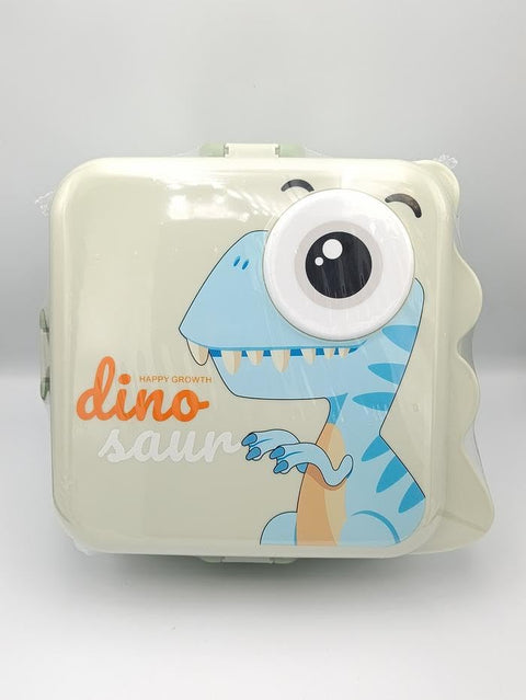 Kids Dino Themed Greyish-Green Lunch Box With Stainless Steel Compartments, Spoon And Sauce Box-1120Ml
