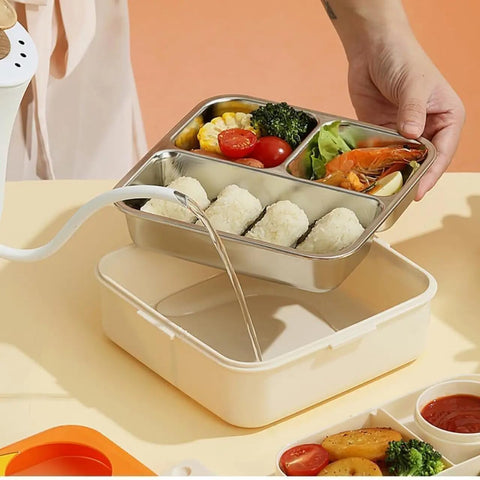Kids Dino Themed Greyish-Green Lunch Box With Stainless Steel Compartments, Spoon And Sauce Box-1120Ml