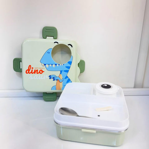 Kids Dino Themed Greyish-Green Lunch Box With Stainless Steel Compartments, Spoon And Sauce Box-1120Ml