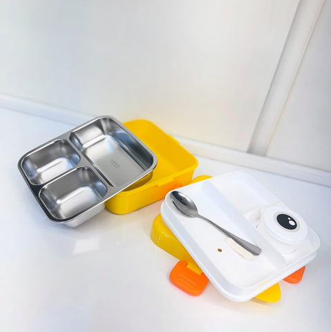 Kids Dino Themed Yellow Lunch Box With Stainless Steel Compartments, Spoon And Sauce Box-1120Ml