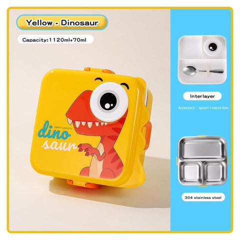 Kids Dino Themed Yellow Lunch Box With Stainless Steel Compartments, Spoon And Sauce Box-1120Ml