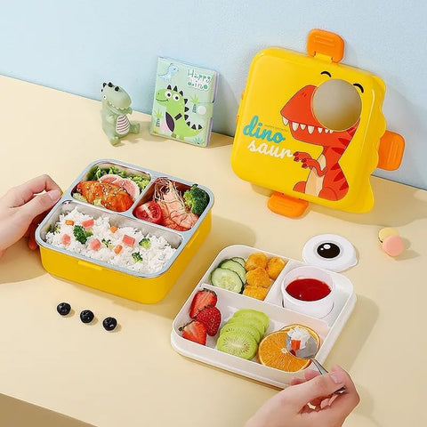 Kids Dino Themed Yellow Lunch Box With Stainless Steel Compartments, Spoon And Sauce Box-1120Ml