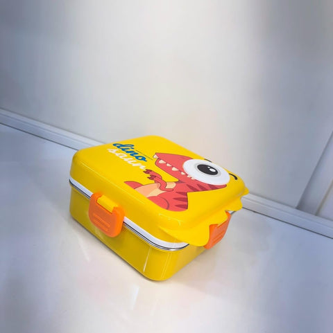 Kids Dino Themed Yellow Lunch Box With Stainless Steel Compartments, Spoon And Sauce Box-1120Ml