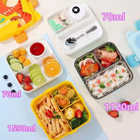 Kids Dino Themed Yellow Lunch Box With Stainless Steel Compartments, Spoon And Sauce Box-1120Ml