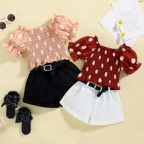 Girls Polka Dot Smocking Puff Sleeve Crop Top and Shorts with Black Belt Party Wear Set