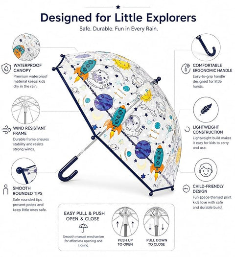 Clear Cute Space Print Kids Umbrella with Anti Pinch Runner
