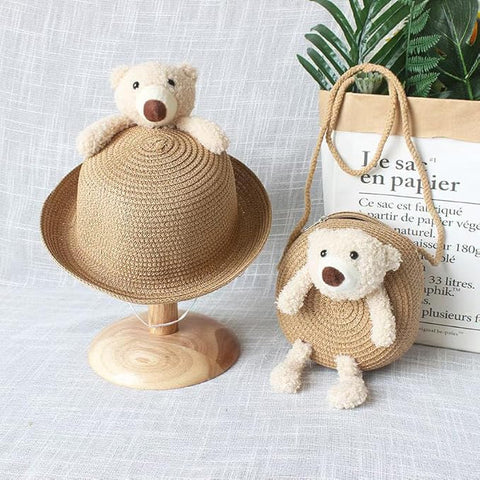 Cute Plush Bear Kids Straw Sun Hat N Sling Bag Combo for Girls 3-8 Years