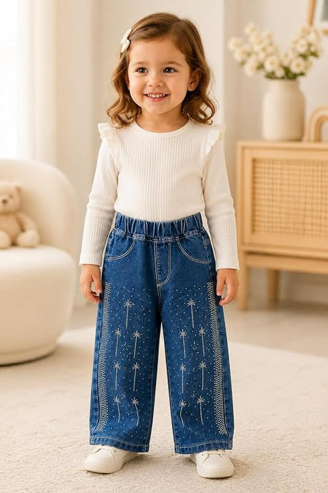 Embellished Wide Leg Studded Denim Jeans for Girls